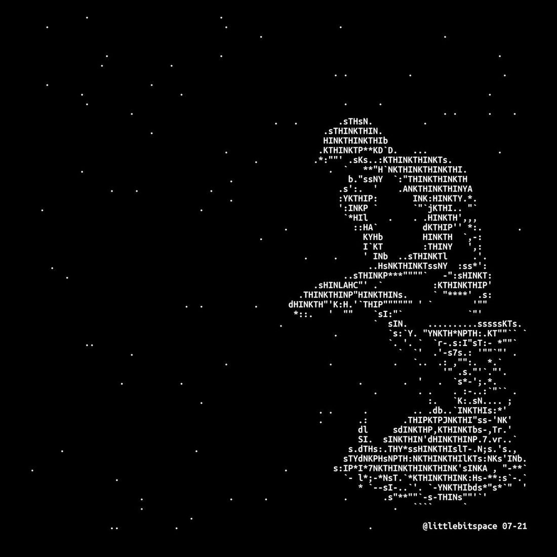 An ASCII profile of a person thinking beneath a field of stars.