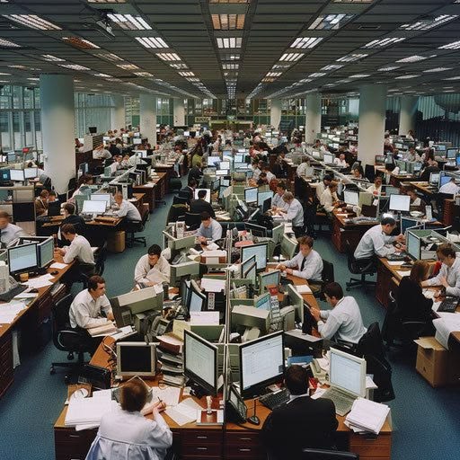 A crowded open-plan office filled with people working at computer terminals.