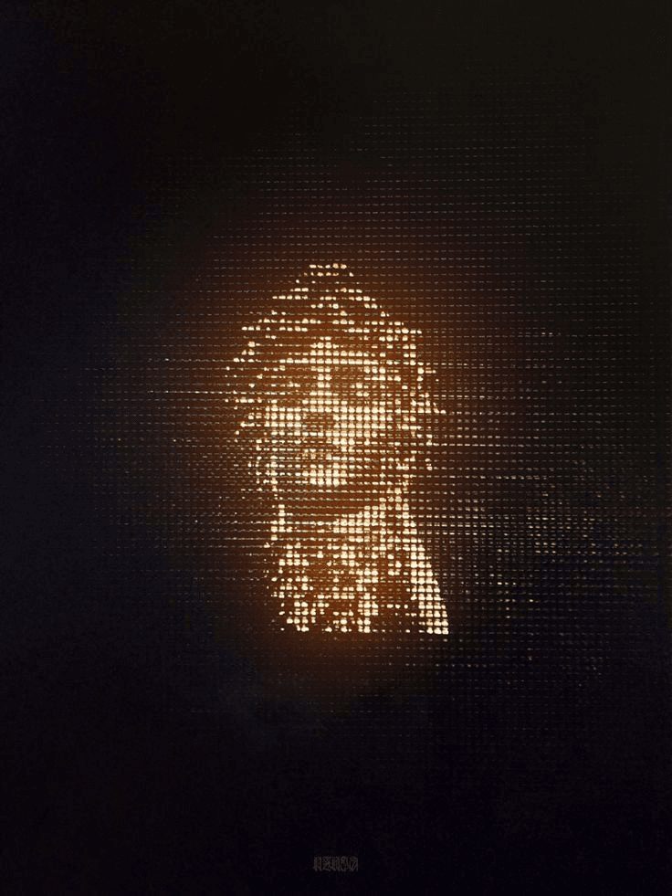 A glowing human figure emerging from a dark pixel grid.