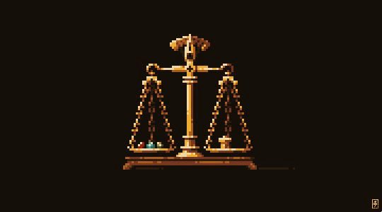 Pixel-art scales of justice on a dark ground.