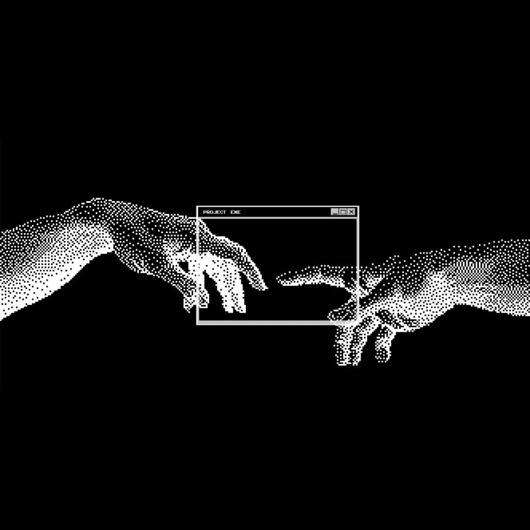 Two pixelated hands reaching through a small project window.