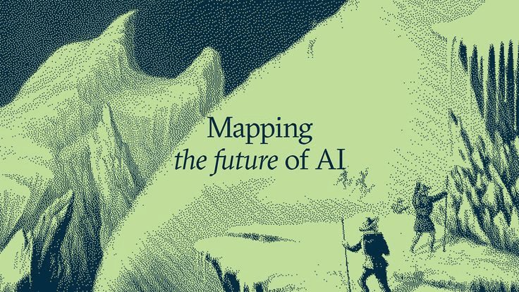 A retro illustration of travelers mapping a mountainous future of AI.