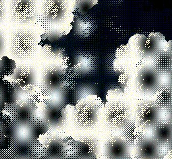 Halftone clouds opening across a dark sky.